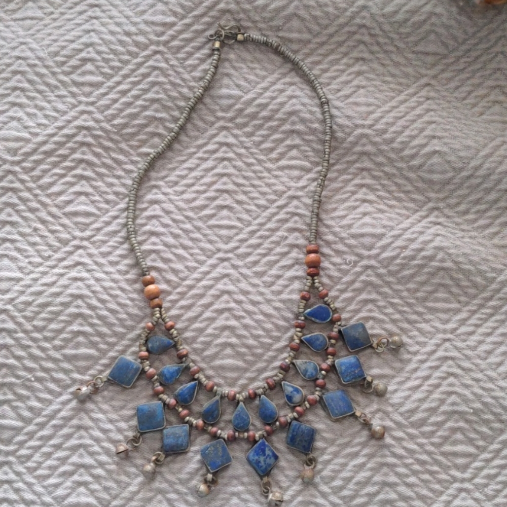 Lapis Silver and Wood Stunning Fan Boho Necklace
